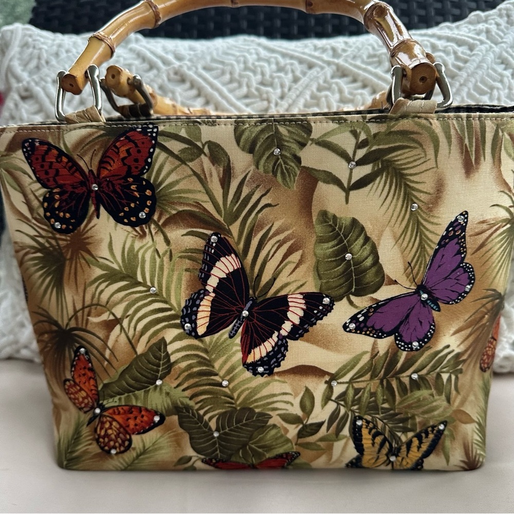Butterfly Print Bamboo Handle Tote Bag - Picture 2 of 8